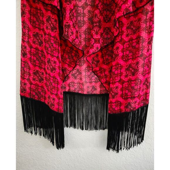KIMONO/ROBE/COVER UP-LULAROE-Sheer-Red & Black-Black Fringe-Open Front-Size SM - Picture 3 of 13